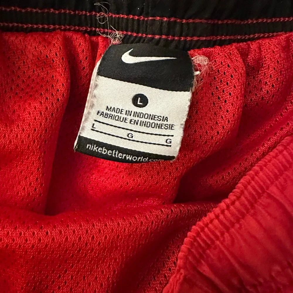 Nike Mens Swim Trunks Suit Board Shorts L Red w/ Blue Black Trim Mesh Lined FS!